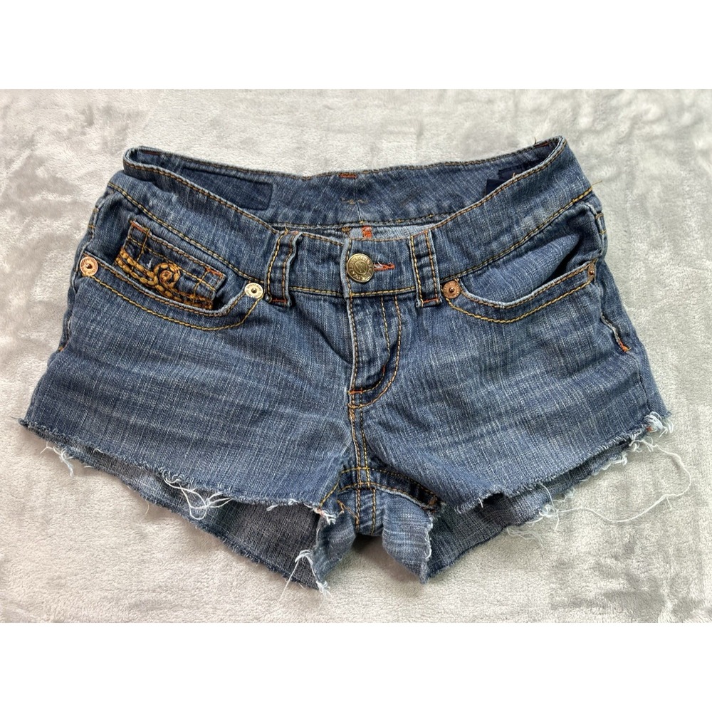 Seven7 Womens Sz 6 Blue Denim Shorts Mini Cut Off Embroidered Whiskered Beach